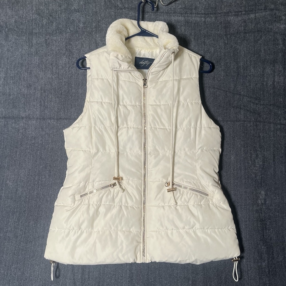 Daytrip Puffer Vest Womens Small S White Faux Fur Collar Quilted Full Zip Gilet